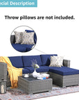 JOIVI 5 Pieces Outdoor Patio Furniture Set, All Weather PE Gray Wicker Rattan Sectional Furniture Set with Coffee Table, Navy Blue