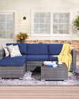 JOIVI 5 Pieces Outdoor Patio Furniture Set, All Weather PE Gray Wicker Rattan Sectional Furniture Set with Coffee Table, Navy Blue