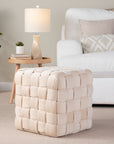 16" Square Ottoman Pouf, Braided Ottoman Pouf, Modern Velvet Footrest Stool for Living Room, Bedroom, Entryway, Cream