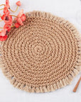 Fennco Styles Boho Macrame Cotton Placemats 15" Round, Set of 2 - Natural Braided Fringe Table Mats for Home, Dining Room, Banquets, Family Gathering and Special Events