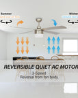 52" 4 Blade Indoor Ceiling Fan with Pull Chain, Light Kit, Silver Finish, and Reversible Motor