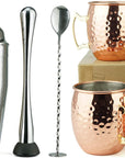 6pcs Cocktail Stainless Steel Shaker Set with Set of 4 Moscow Mule Hammered Cups - From Where -