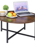HomGarden 31.5-Inch Industrial Round Coffee Table with X-Base Metal Legs, Sofa Side Table Retro Cocktail Table for Home Office, Living Room, Rustic Brown