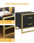 DWVO Modern Nightstand End Side Table with 2 Drawers and Metal Frame for Bedroom Living Room, Black and Gold
