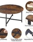 HomGarden 31.5-Inch Industrial Round Coffee Table with X-Base Metal Legs, Sofa Side Table Retro Cocktail Table for Home Office, Living Room, Rustic Brown