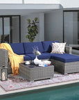 JOIVI 5 Pieces Outdoor Patio Furniture Set, All Weather PE Gray Wicker Rattan Sectional Furniture Set with Coffee Table, Navy Blue