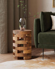 Maeve Open Slat Solid Wood Round Rustic Drum Accent Table by East at Main Natural Brown 12 x18
