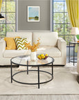Alden Design Round Modern Glass-Top Coffee Table for Living Room, Black