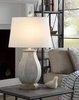 Basilica Table Lamp Blue With White Hardback Shade - From Where -