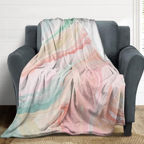 Blush Pink Coral Mint Green Rainbow Marble Swirls Decorative Flannel Blanket - From Where -