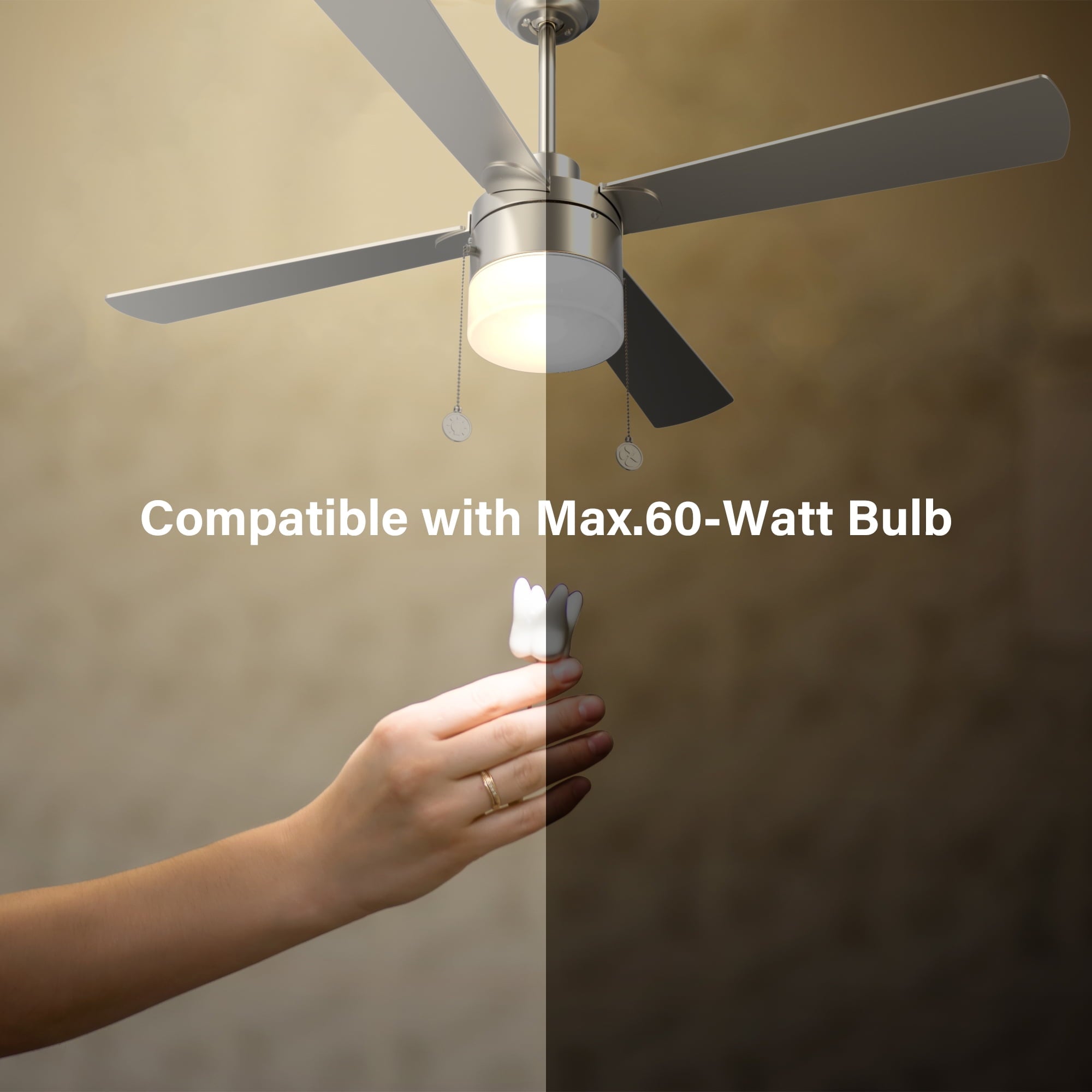 52" 4 Blade Indoor Ceiling Fan with Pull Chain, Light Kit, Silver Finish, and Reversible Motor