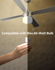 52" 4 Blade Indoor Ceiling Fan with Pull Chain, Light Kit, Silver Finish, and Reversible Motor