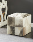 Decmode 16" x 16" Gray Leather Handmade Cowhide Ottoman with Patchwork Pattern, 1-Piece
