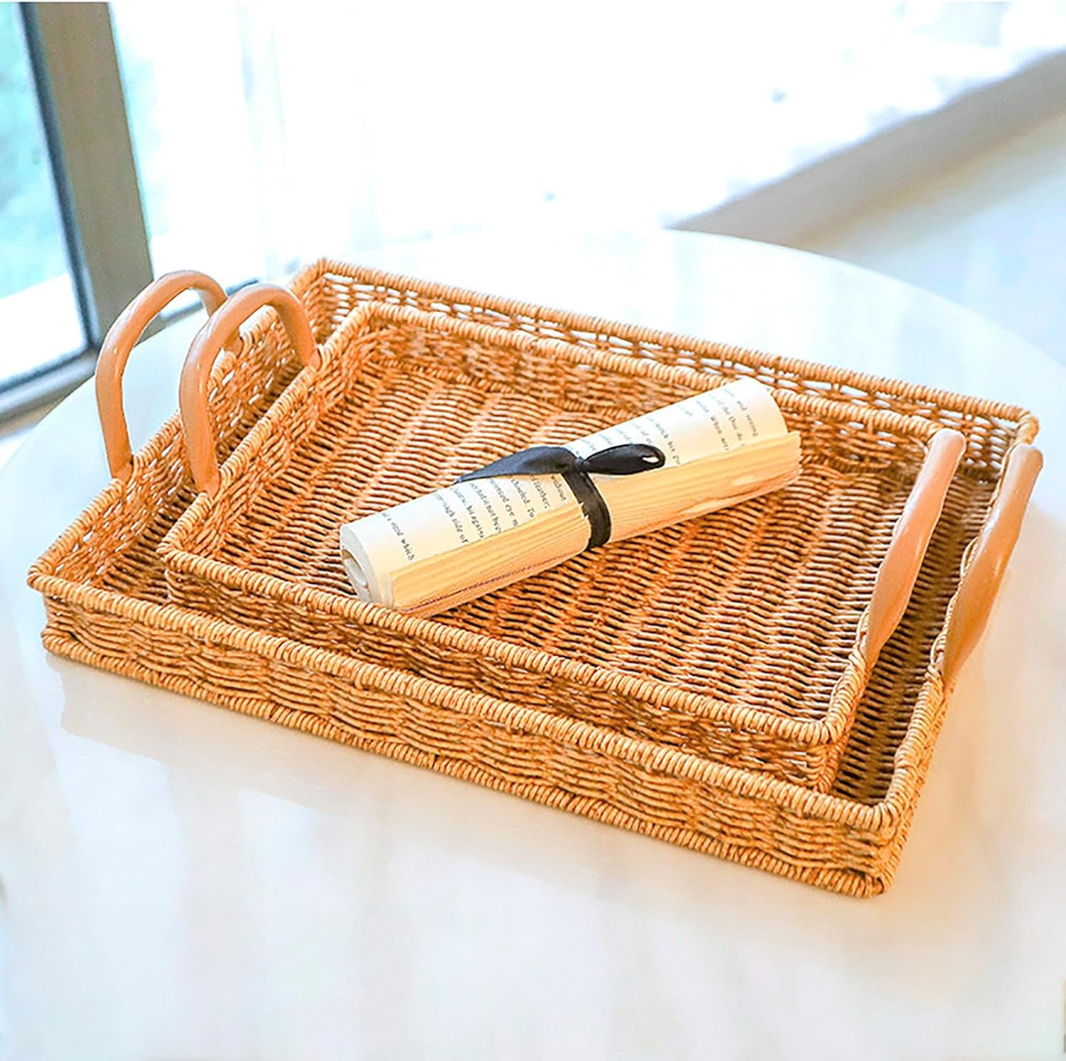 Rattan Braided Serving Tray with Handles - From Where -