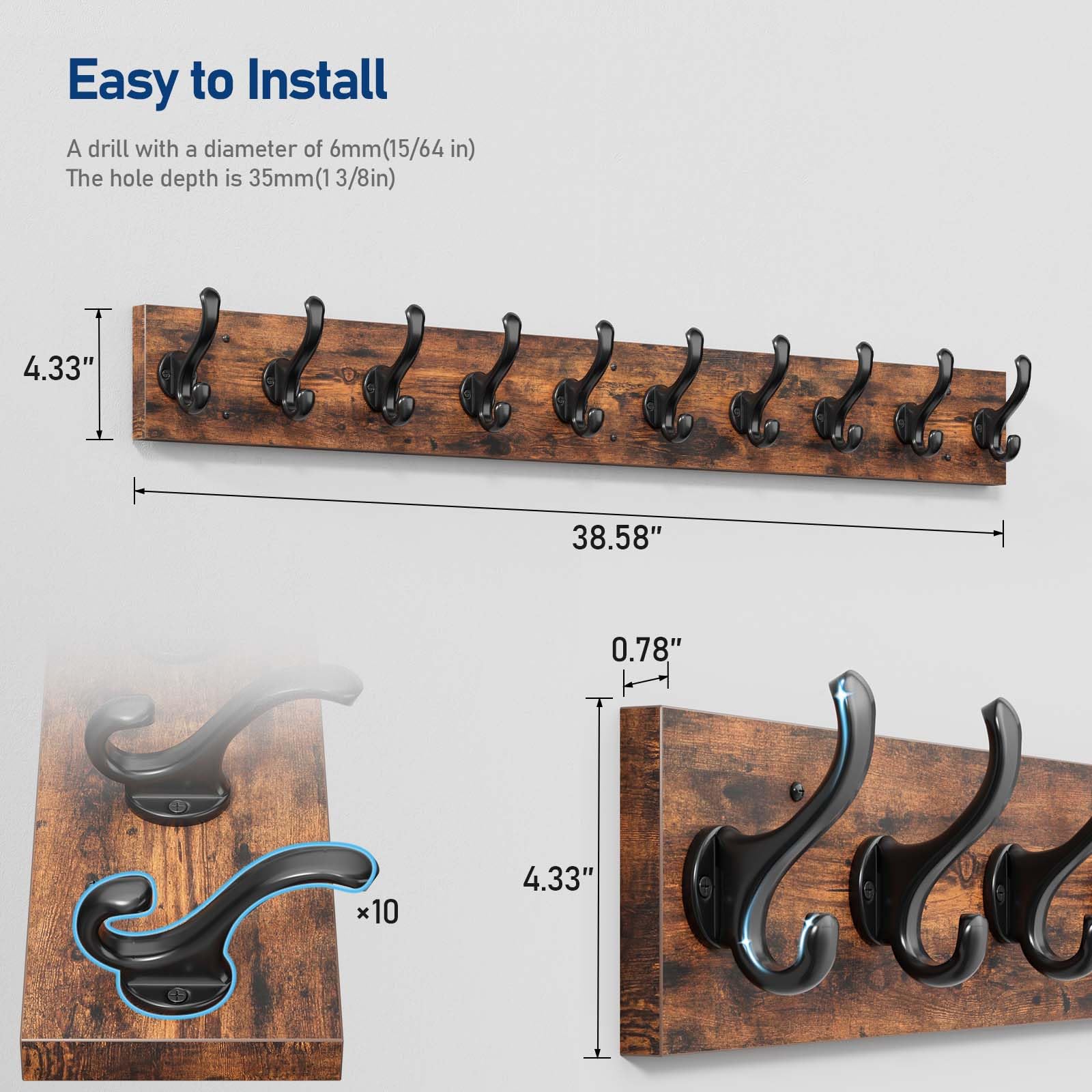 Rustic Coat Rack with 10 Hooks - From Where -