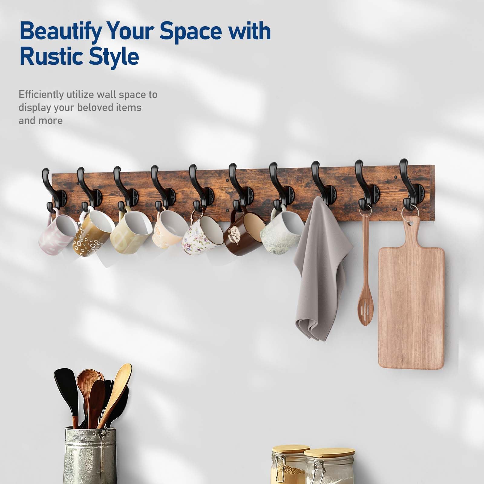 Rustic Coat Rack with 10 Hooks - From Where -