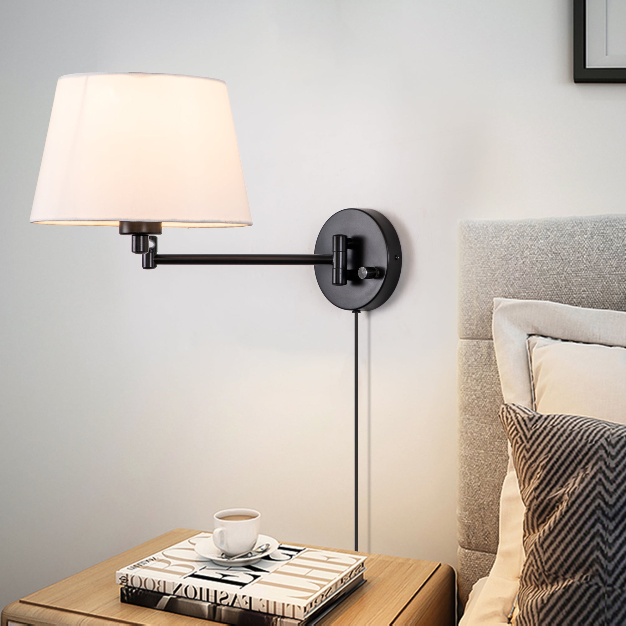 C Cattleya 2-Pack Indoor Wall Light with Linen Shade Black Finish Swing Arm Wall Light Plug-In/Hardwired