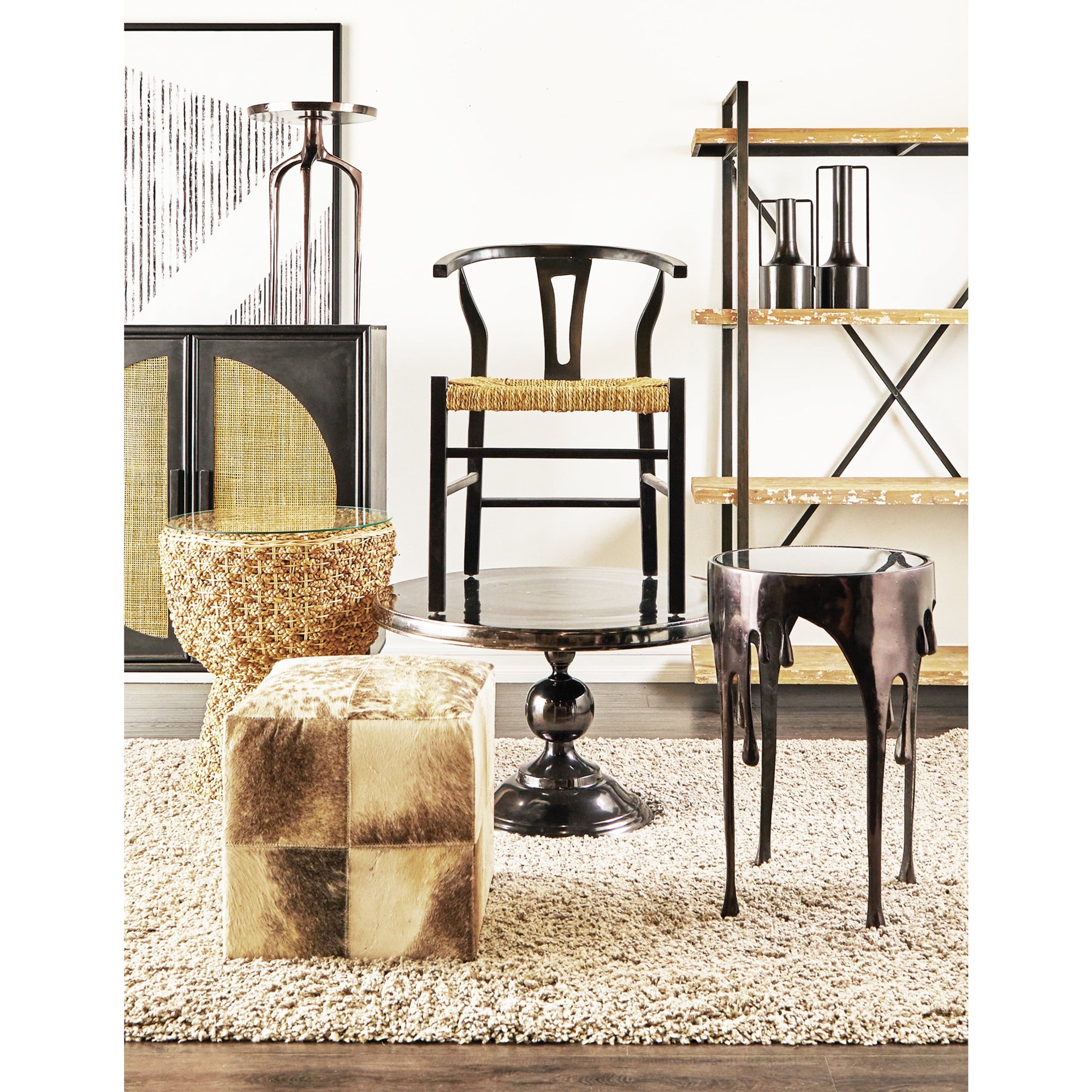 Decmode 16" x 16" Gray Leather Handmade Cowhide Ottoman with Patchwork Pattern, 1-Piece
