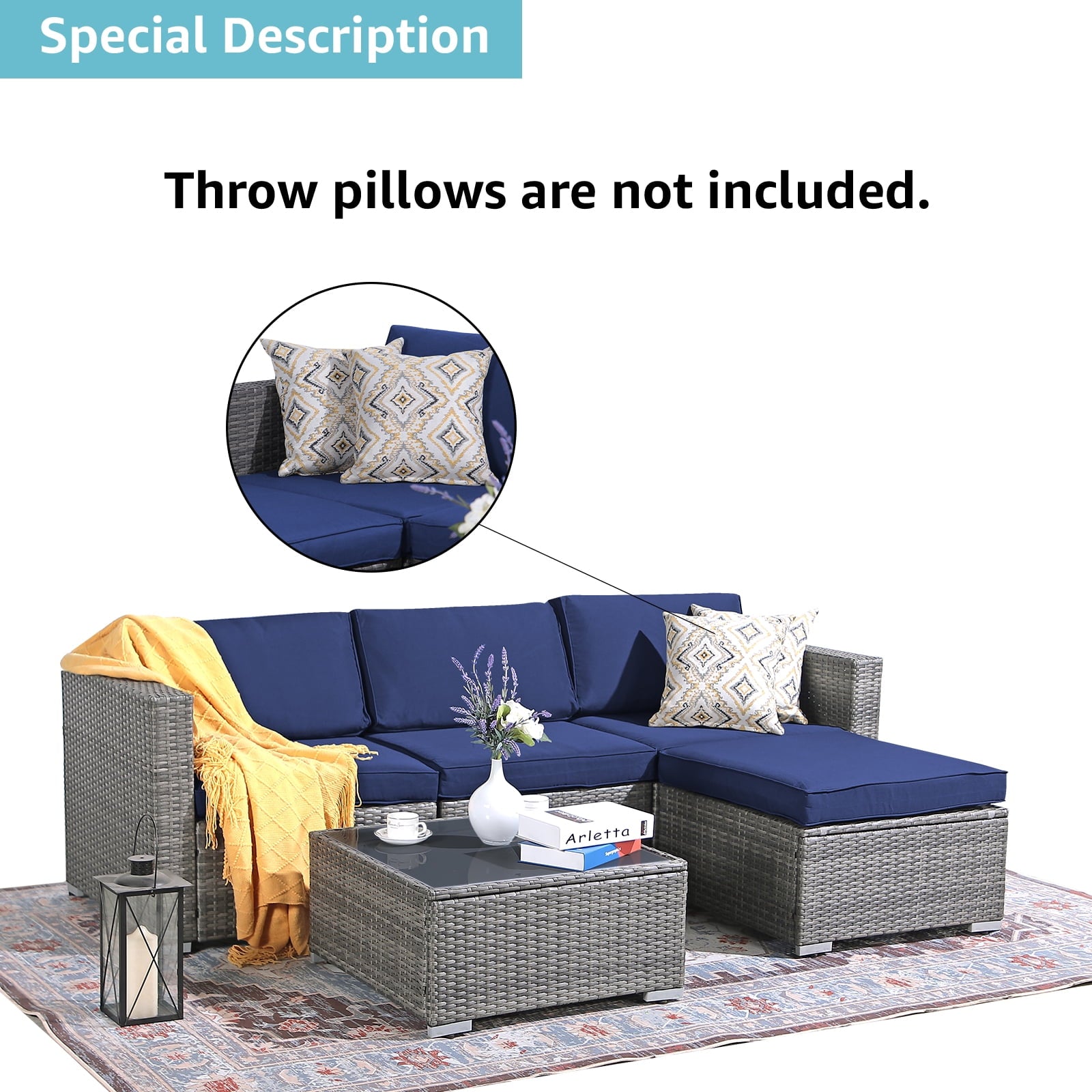 JOIVI 5 Pieces Outdoor Patio Furniture Set, All Weather PE Gray Wicker Rattan Sectional Furniture Set with Coffee Table, Navy Blue