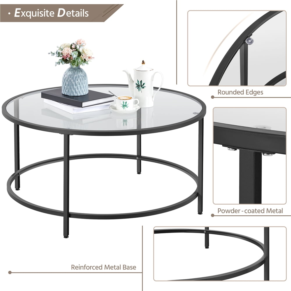 Alden Design Round Modern Glass-Top Coffee Table for Living Room, Black