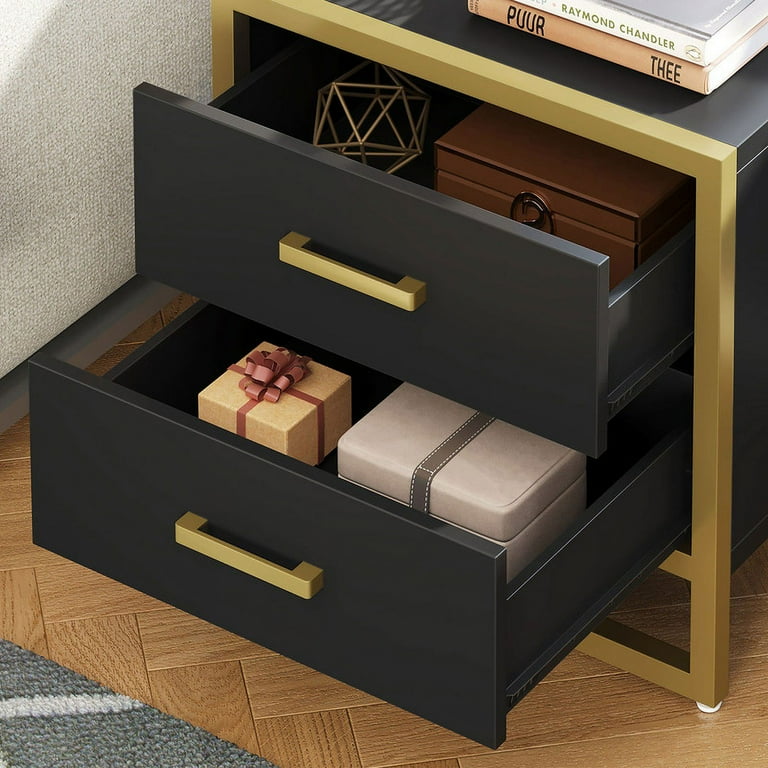 DWVO Modern Nightstand End Side Table with 2 Drawers and Metal Frame for Bedroom Living Room, Black and Gold