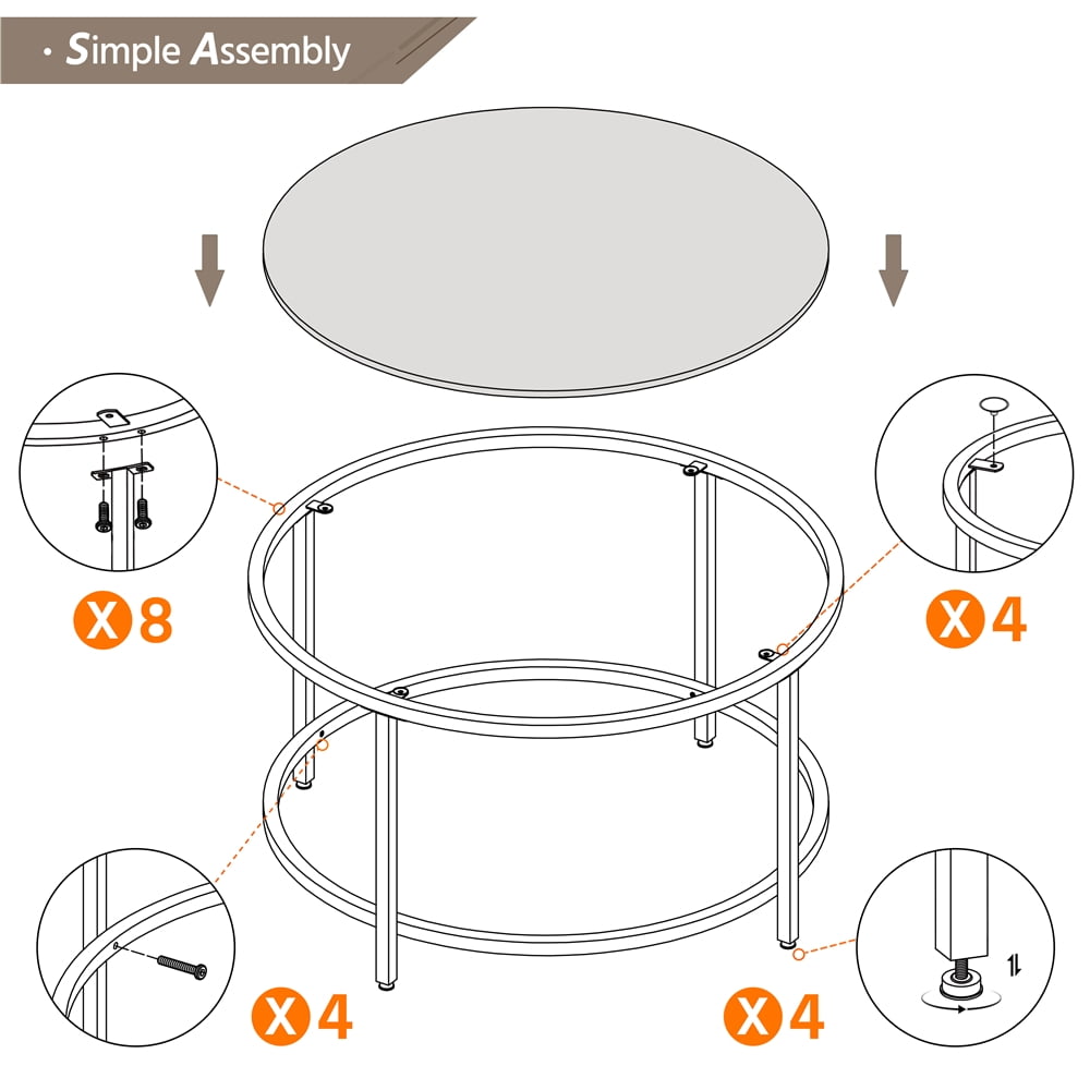 Alden Design Round Modern Glass-Top Coffee Table for Living Room, Black