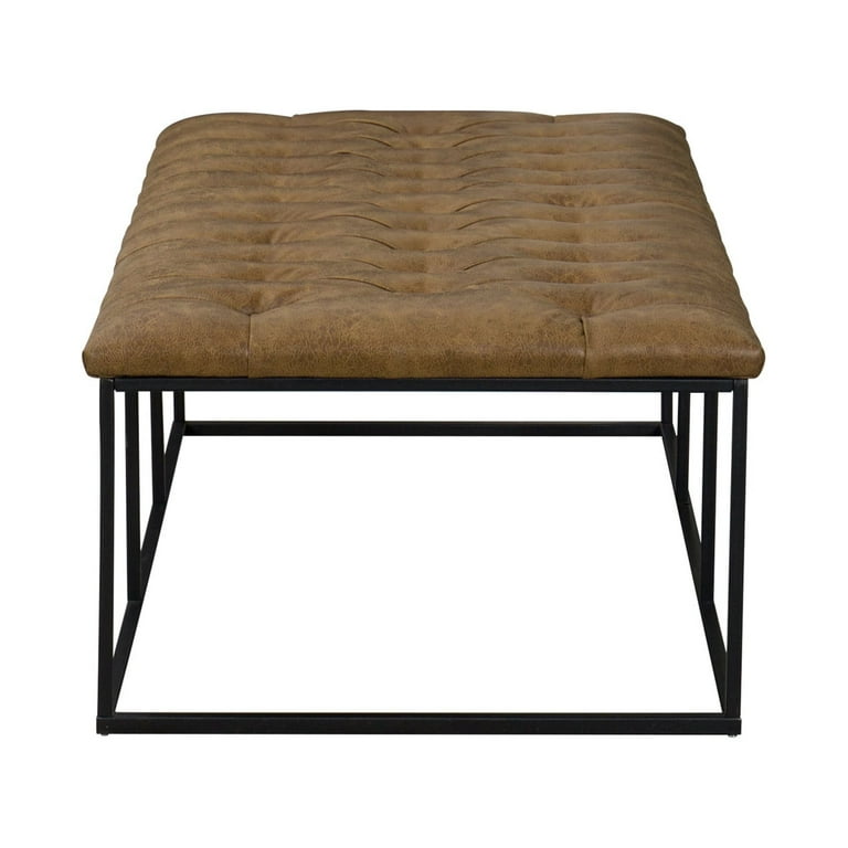 HomePop Draper 58" Large Ottoman with Button Tufting, Light Brown Faux Leather