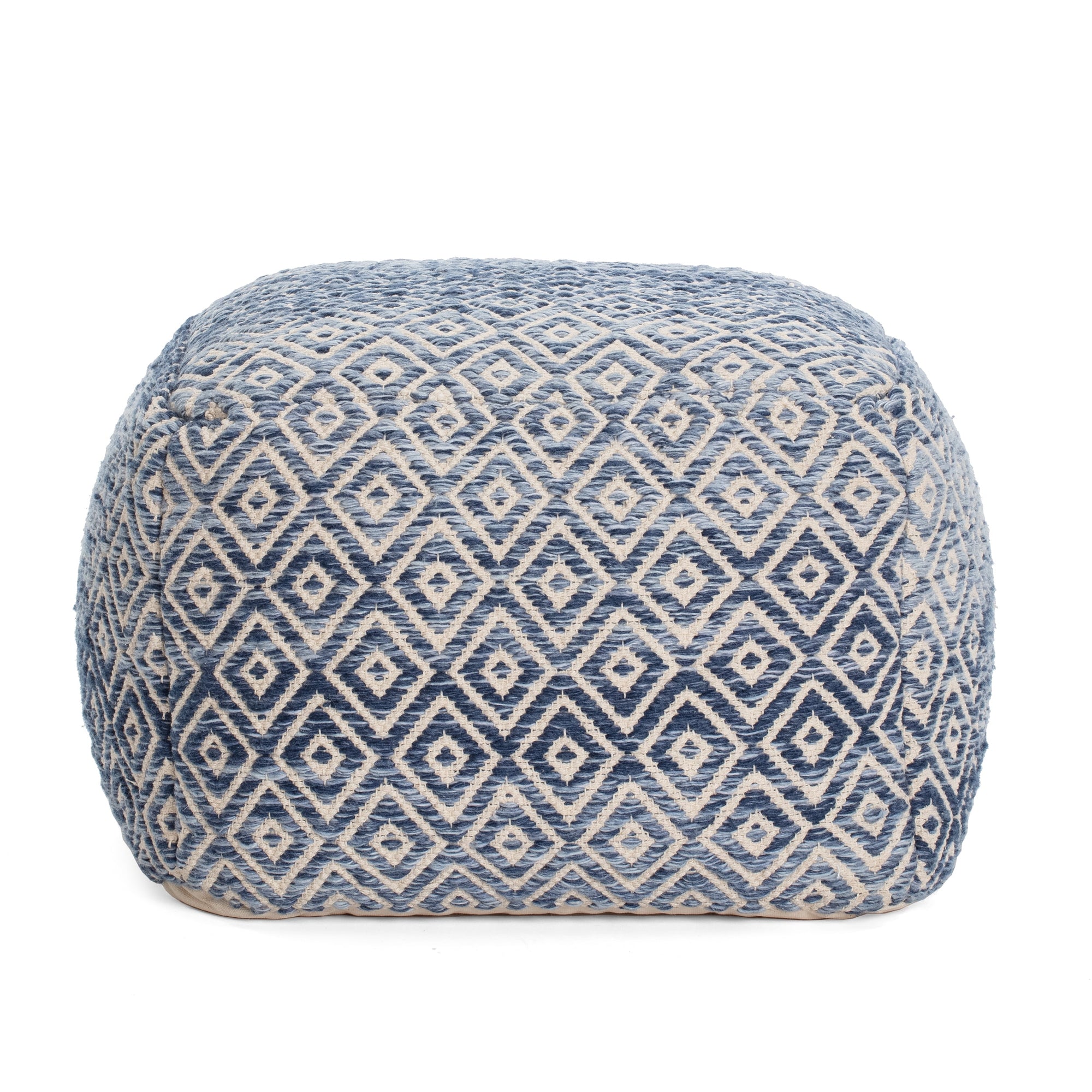 Chero Distressed Diamond 22" Square Pouf Ottoman Blue and Beige