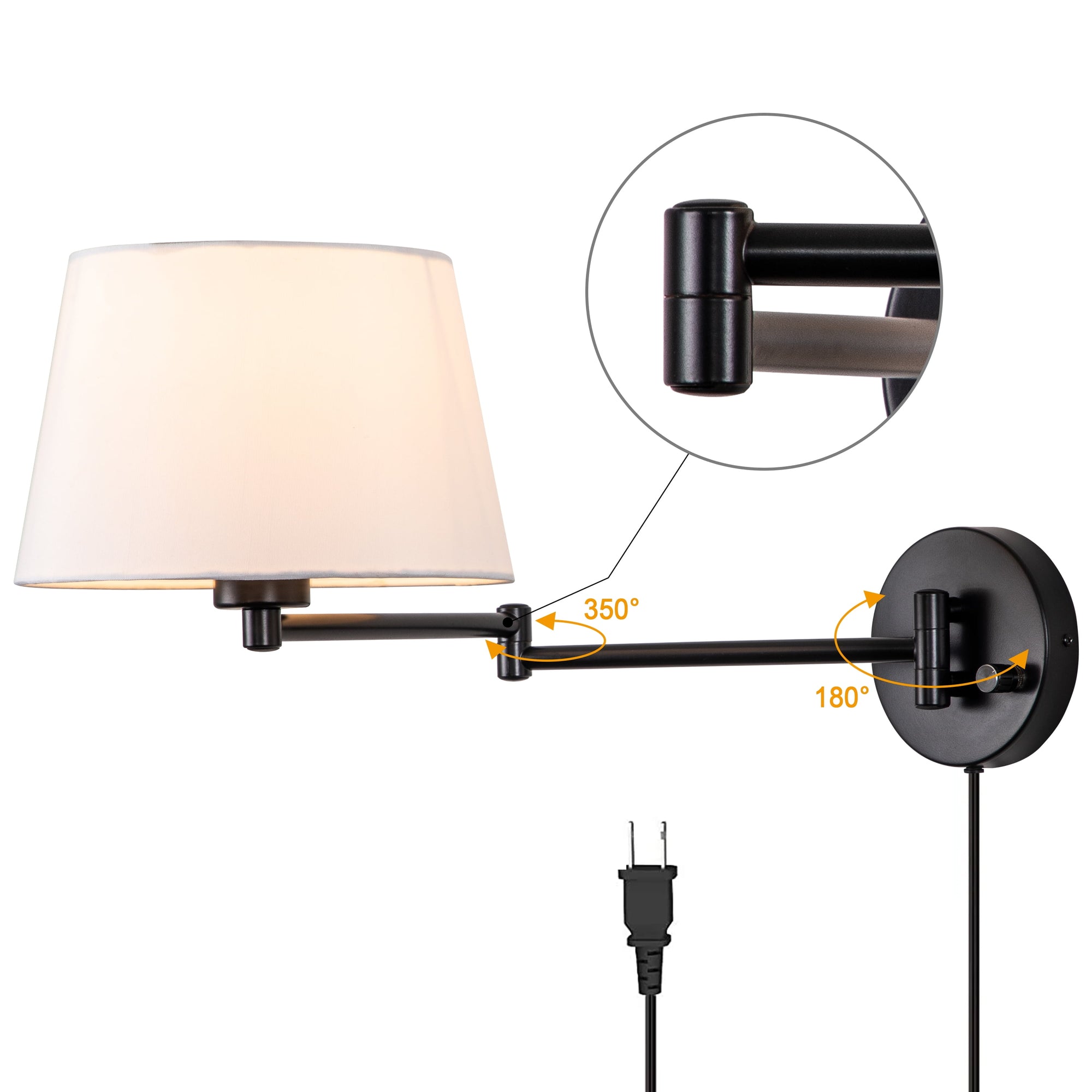 C Cattleya 2-Pack Indoor Wall Light with Linen Shade Black Finish Swing Arm Wall Light Plug-In/Hardwired
