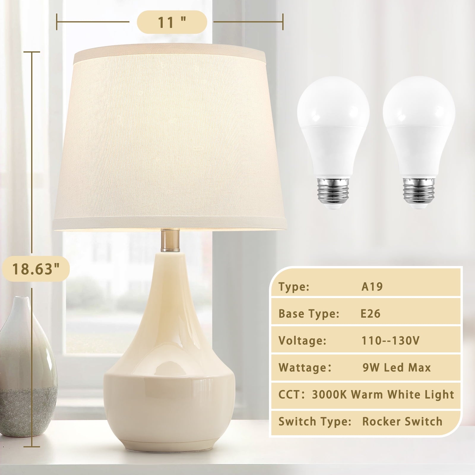 NATYSWAN Table Lamp Set of 2, 18.63in Ceramic Table Lamp Classic Beside Lamps Nightstand Lamp Modern Table Lamp for Living Room, Bedroom & Office Rocker Swtich Cream-LED Bulbs Included