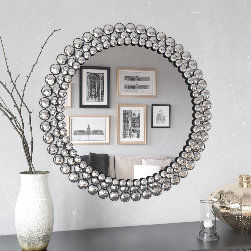 Silver Jeweled Round Wall Mirror for Wall Decor,24"