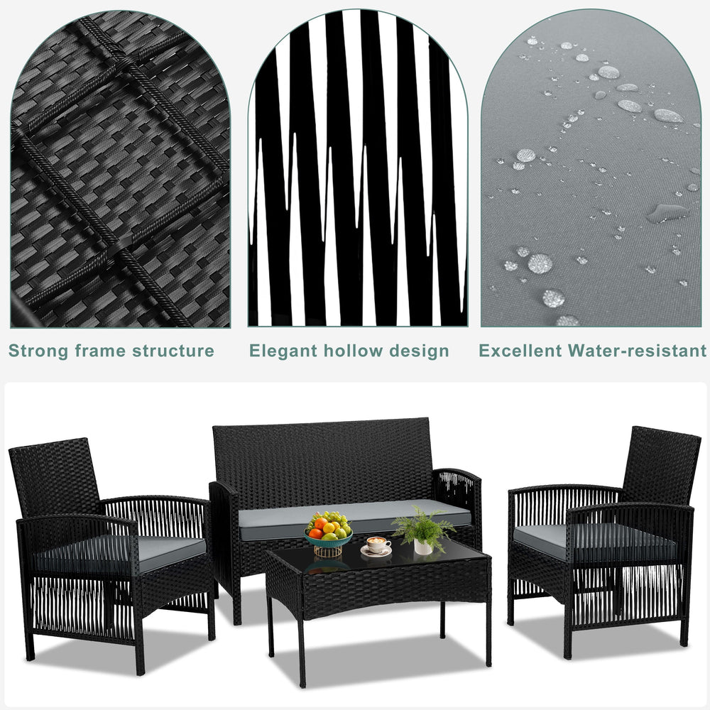 Outdoor Patio Conversation Set, Segmart 4 Pieces Rattan Sofa Set Cushioned Sofa &amp; Charis, Deck Porch Poolside Furniture Table Set for 4, Gray