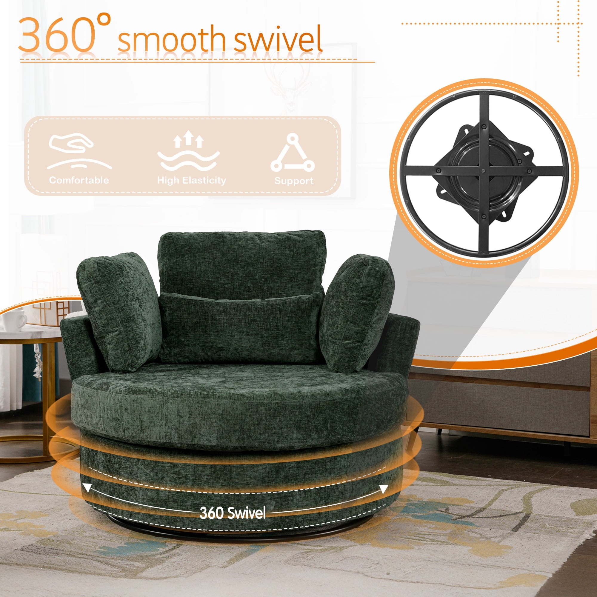 Lunale Oversized Swivel Barrel Accent Chair with Storage Ottoman Green Chenille