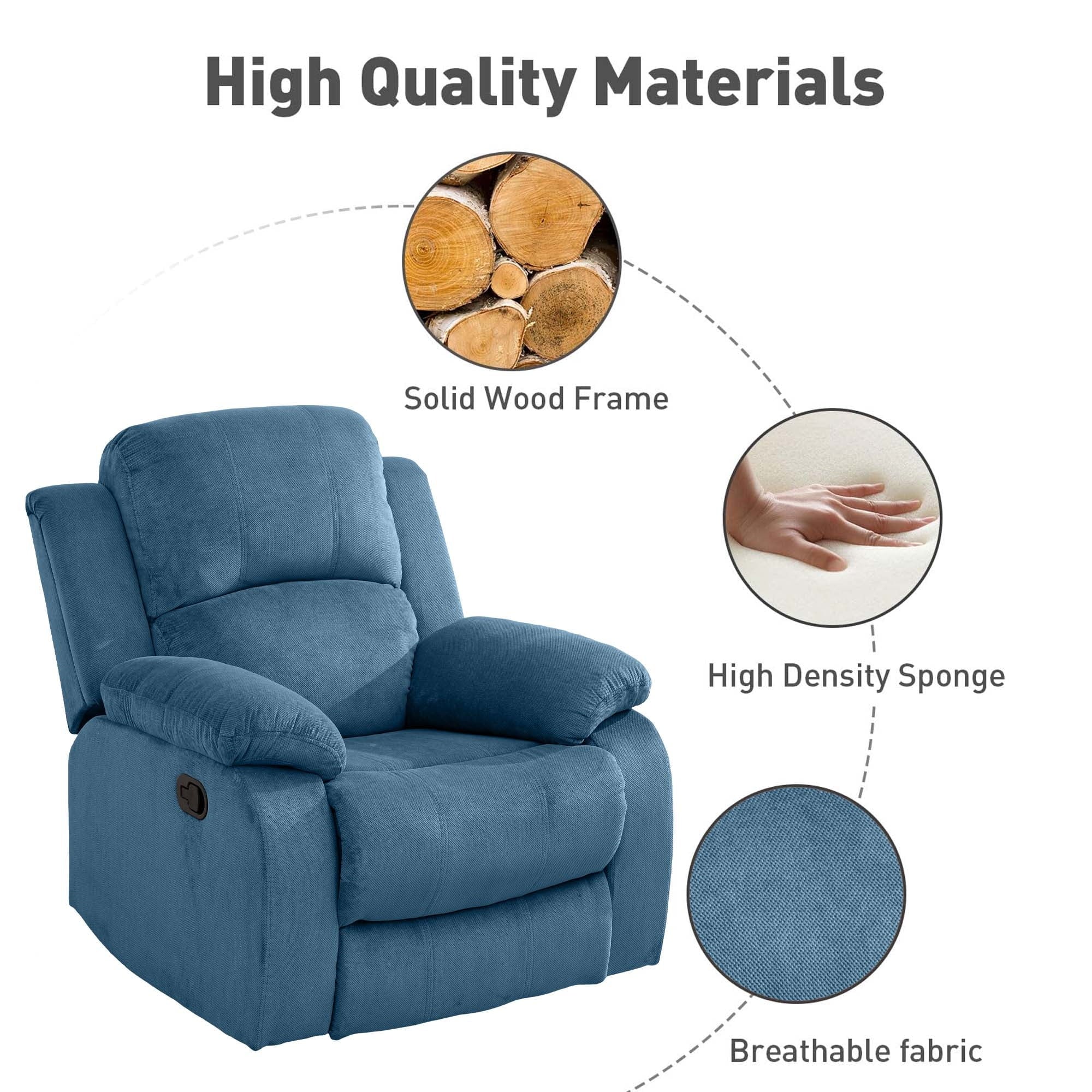 Aukfa Manual Recliner Chair, Overstuffed Single Sofa for Home Office, Flannel, Blue