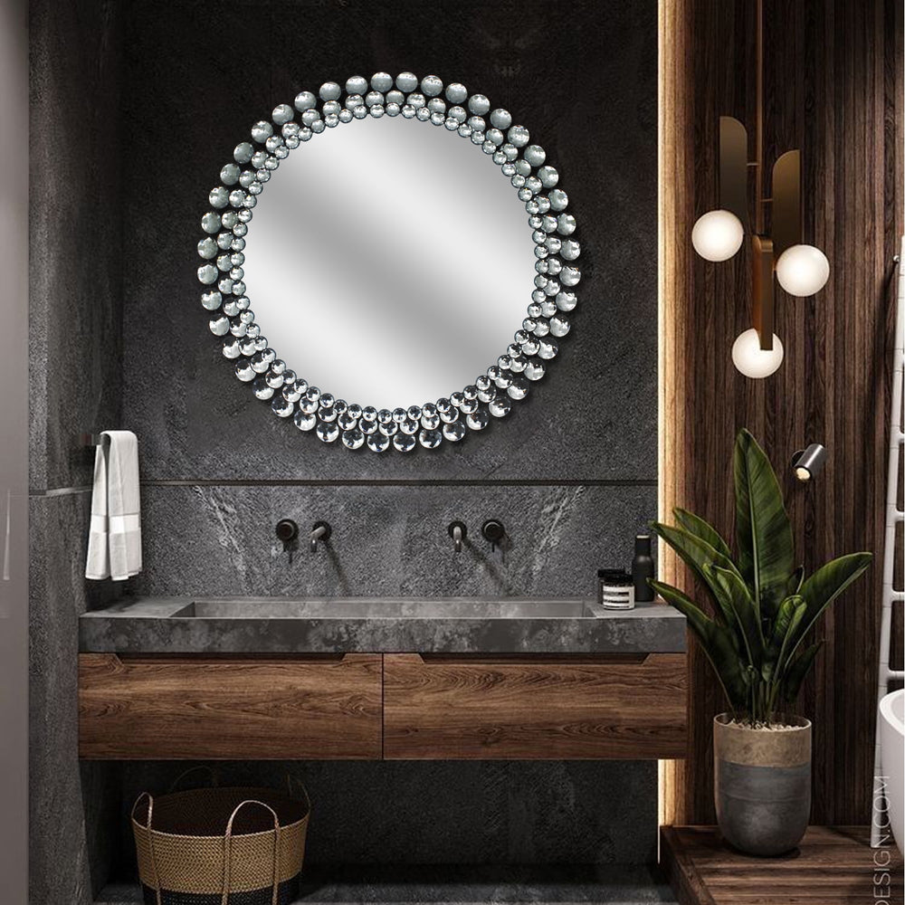 Silver Jeweled Round Wall Mirror for Wall Decor,24"