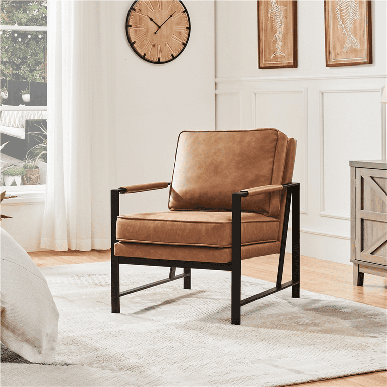 Alden Design Mid-Century Modern Accent Chair with Metal Frame, Light Brown Faux Leather