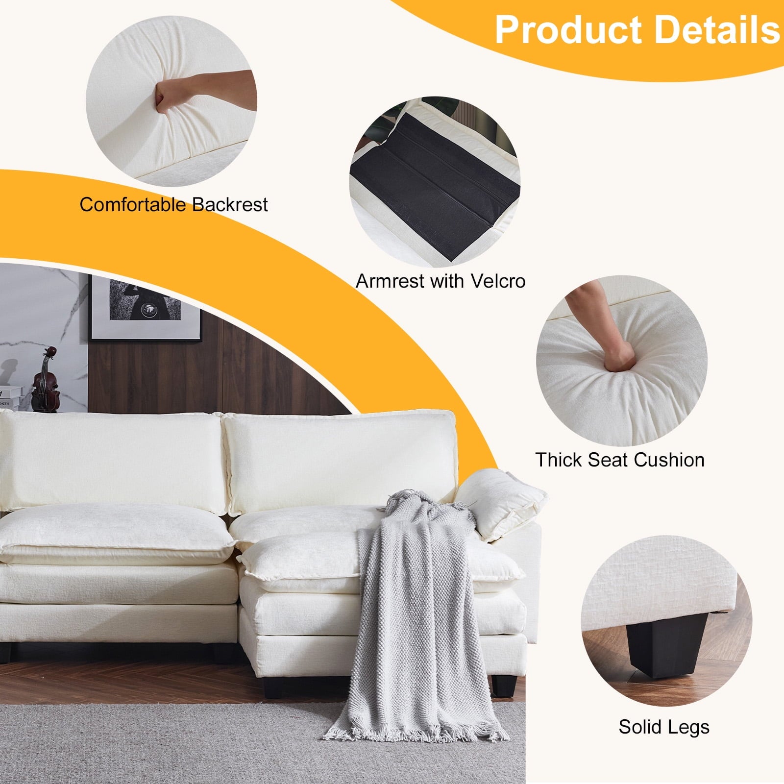 Ktaxon 120&quot; W Sectional Sofa L Shaped Couch with Chaise Living Room Sleeper Set, 3 Seats with Chenille and Double Layer Cushions Beige