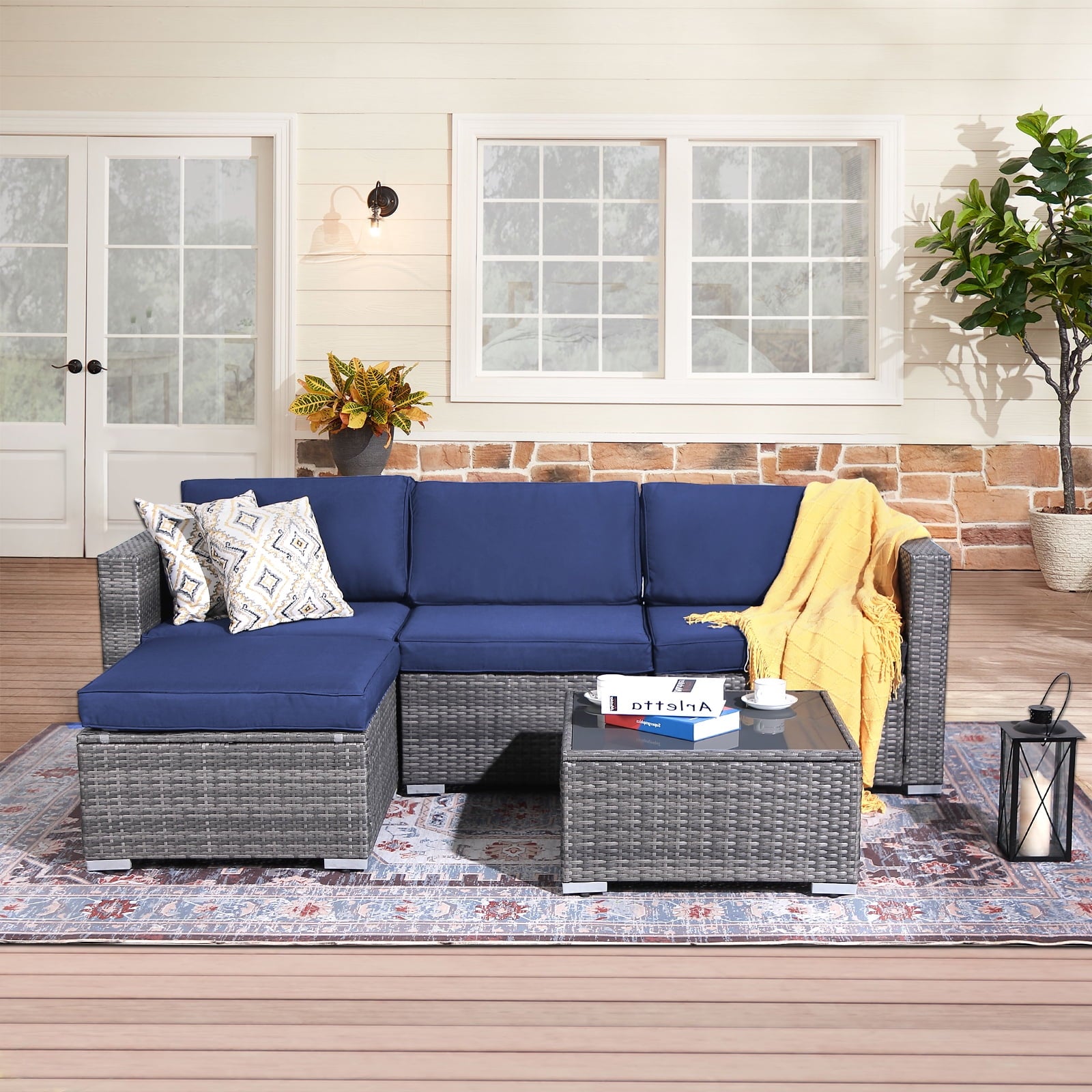 JOIVI 5 Pieces Outdoor Patio Furniture Set, All Weather PE Gray Wicker Rattan Sectional Furniture Set with Coffee Table, Navy Blue