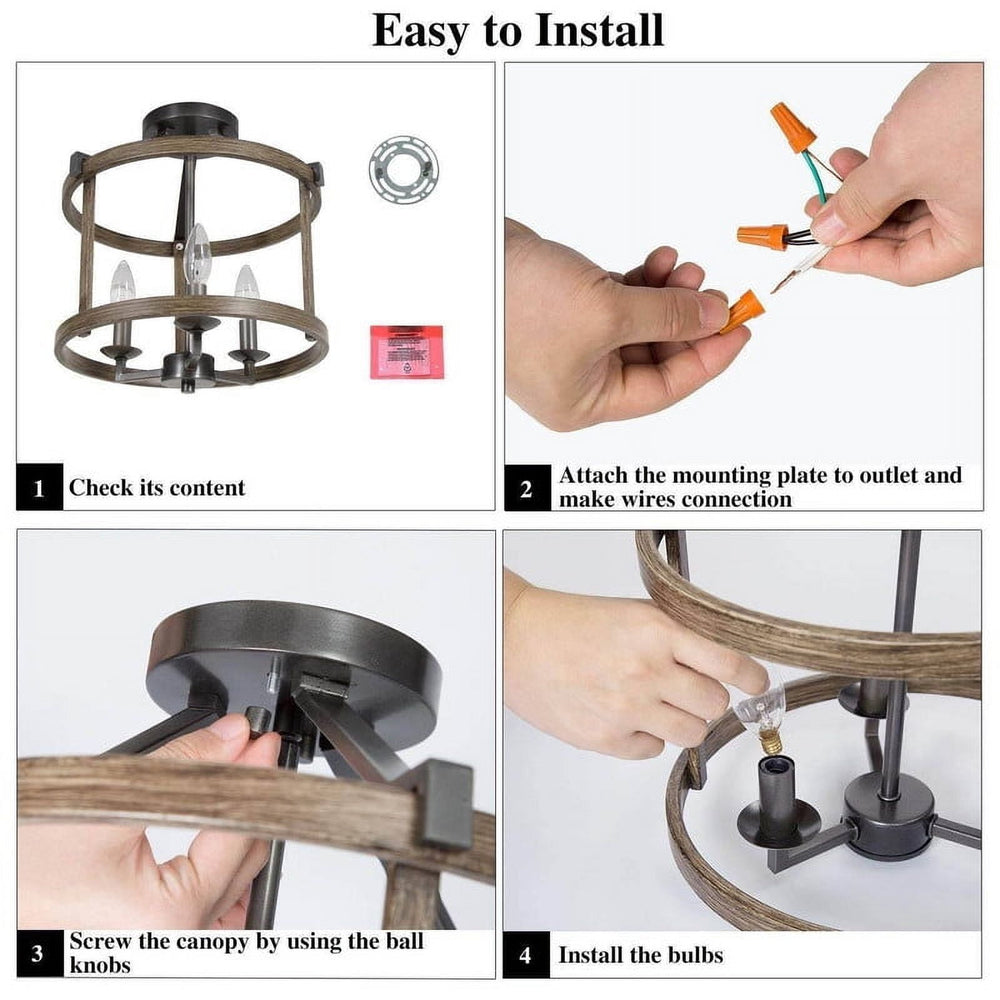 LNC Rustic Farmhouse 3-Light Semi-Flush Ceiling Light Distressed Wood