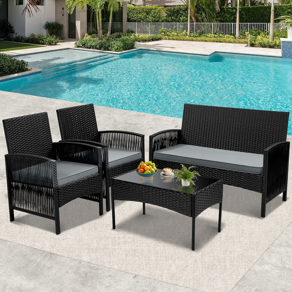 Outdoor Patio Conversation Set, Segmart 4 Pieces Rattan Sofa Set Cushioned Sofa &amp; Charis, Deck Porch Poolside Furniture Table Set for 4, Gray