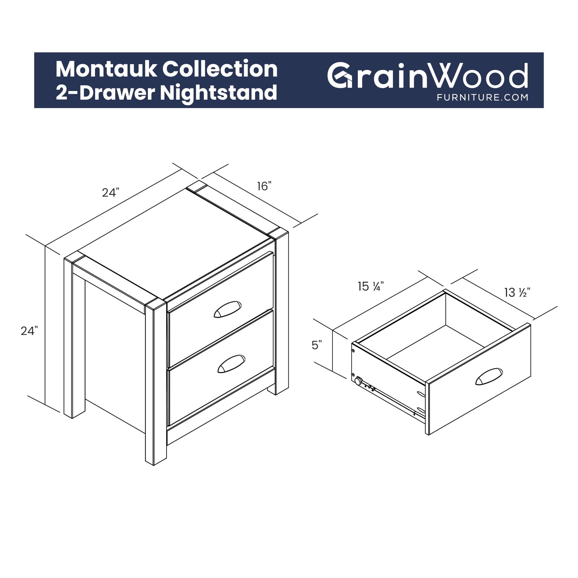 2 - Drawer Solid Wood Bedside Nightstand - From Where - 