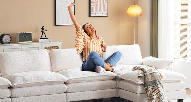 Ktaxon 120" W Sectional Sofa L Shaped Couch with Chaise Living Room Sleeper Set, 3 Seats with Chenille and Double Layer Cushions Beige