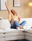 Ktaxon 120" W Sectional Sofa L Shaped Couch with Chaise Living Room Sleeper Set, 3 Seats with Chenille and Double Layer Cushions Beige