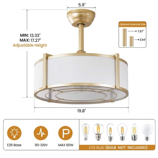 20&quot; Modern Fabric Caged Ceiling Fan Chandelier with Remote - Gold - 4-Light