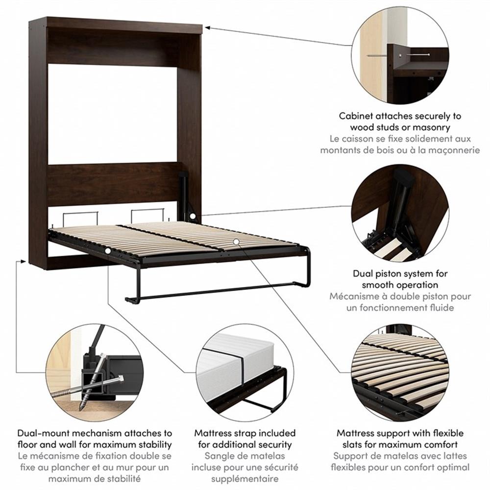 Pemberly Row 59" Contemporary Wood/Metal Full Wall Bed in Chocolate