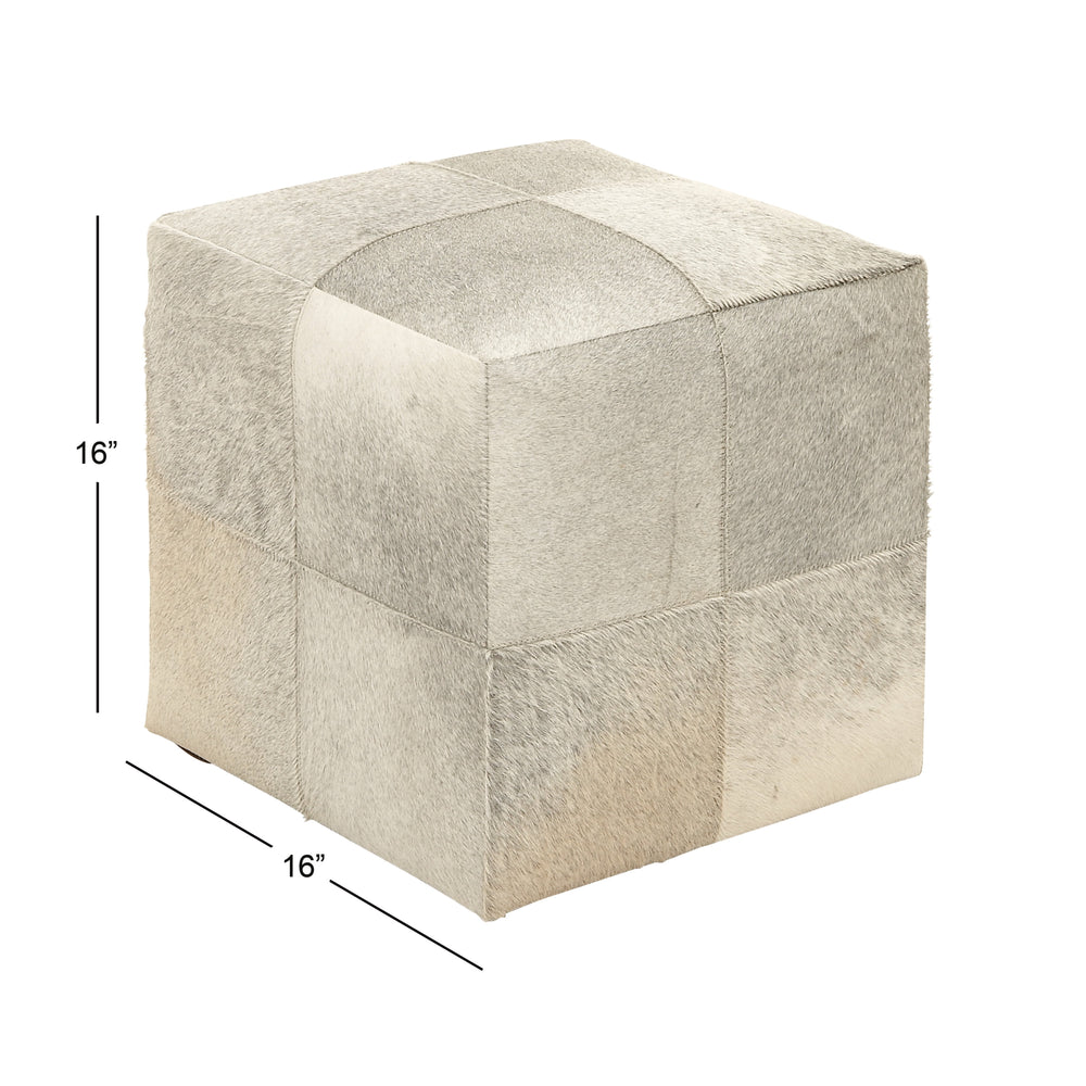 Decmode 16" x 16" Gray Leather Handmade Cowhide Ottoman with Patchwork Pattern, 1-Piece