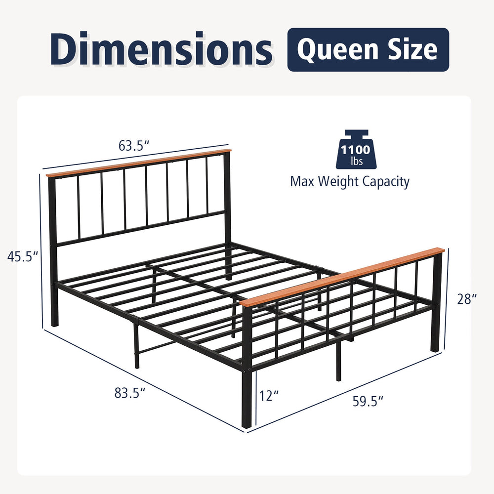 Gymax Queen Size Metal Platform Bed Frame Mattress Foundation with Headboard Industrial