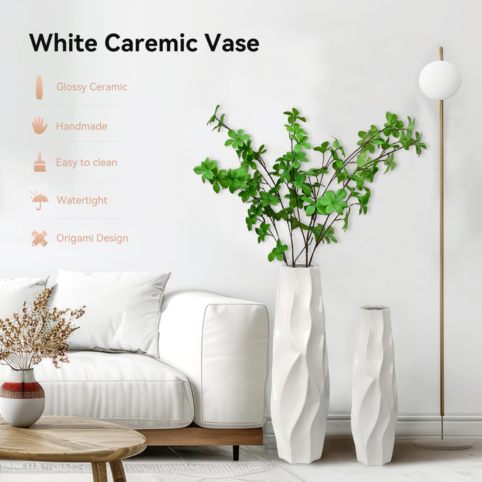 24&quot; White Ceramic Floor Flower Vase - From Where - 