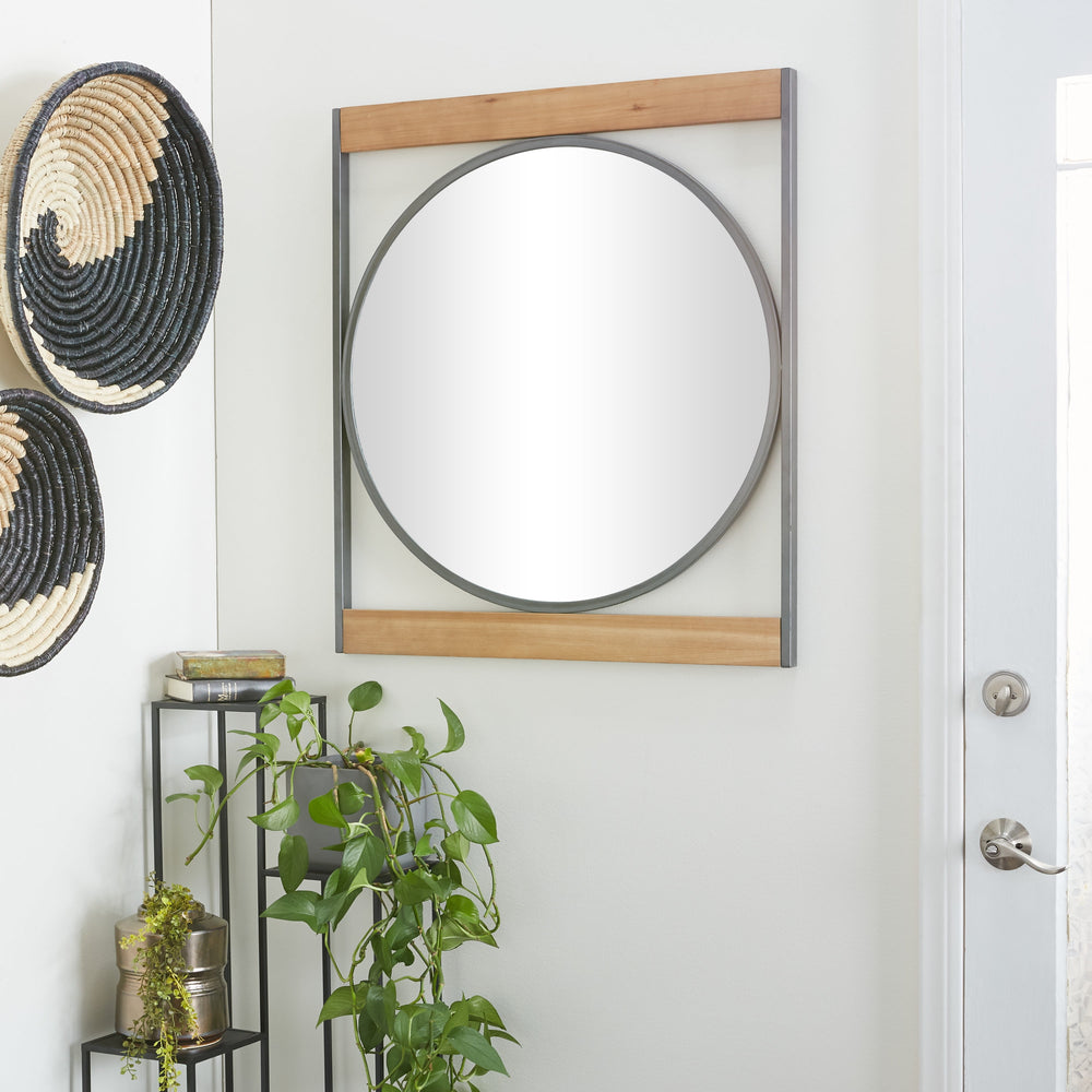 DecMode 30" x 34" Brown Wall Mirror with Wood Accents