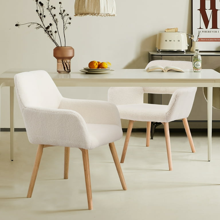Modern Dining Chairs Kitchen Chair Accent Chair for Living Dining Room Arm Chairs Club Guest with Solid Wood Legs(Set of 1, Wool White)
